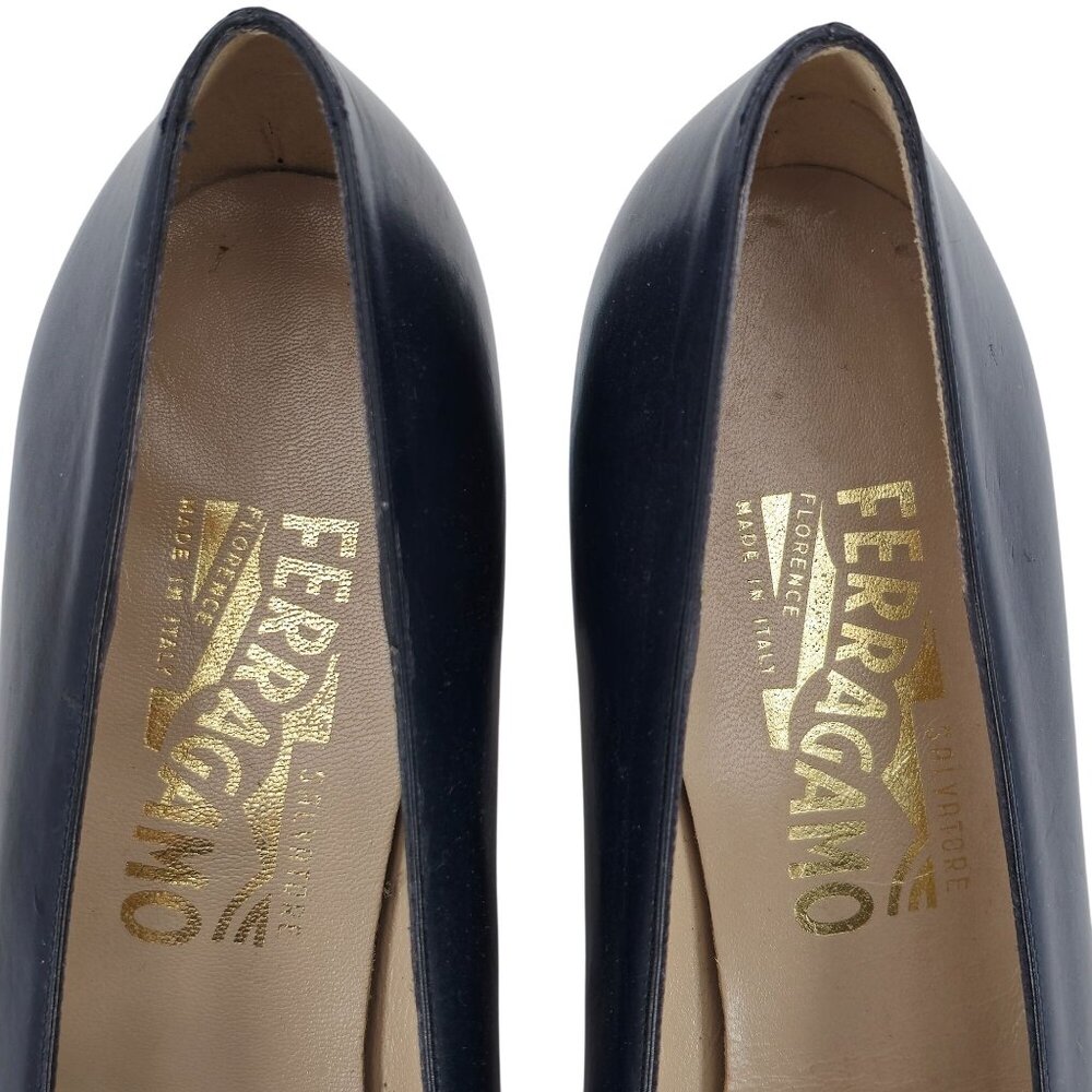 Vintage Salvatore Ferragamo Womens 9AA Navy Leather Reptile Embossed Dress Pumps - Picture 7 of 9